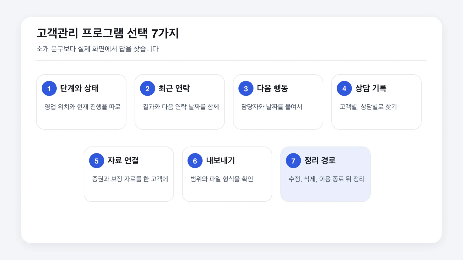 고객관리 프로그램을 실제 화면에서 비교할 일곱 기준