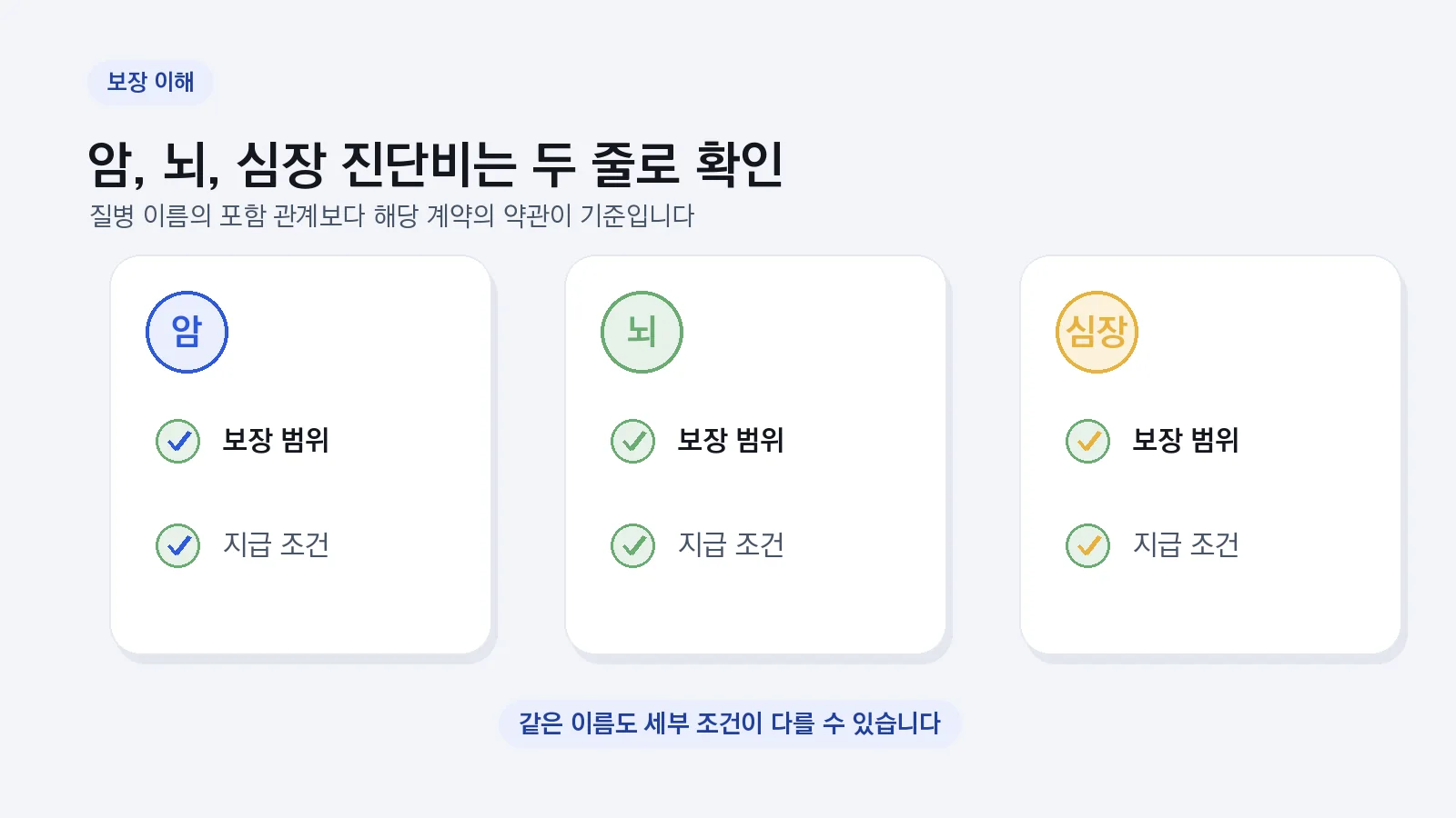 암·뇌·심장 진단비를 범위와 지급 조건으로 확인하는 그림