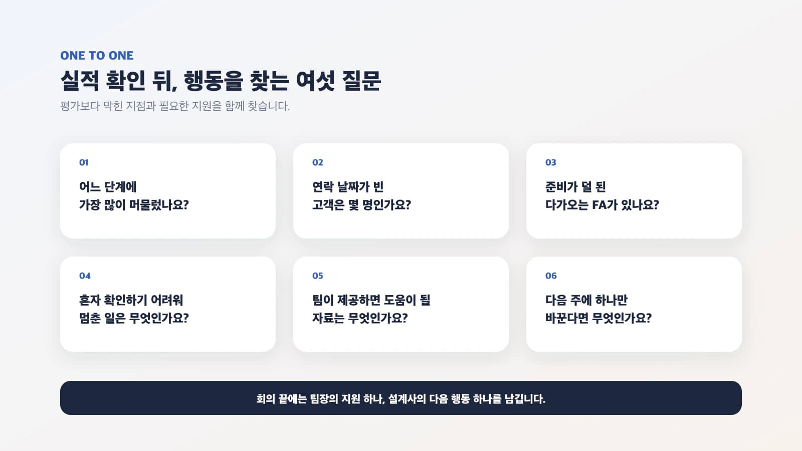보험설계사 팀장 일대일에서 행동과 지원을 찾는 여섯 질문
